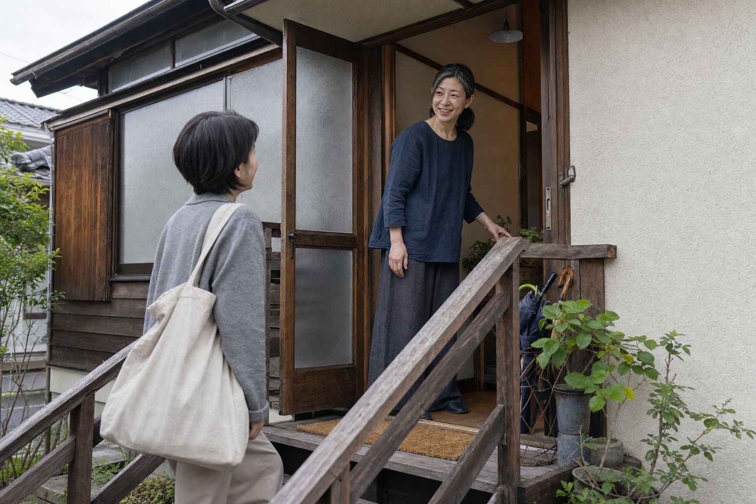 古い木の外階段を上がってきたお客さまを、玄関先で担当がお迎えしているようす