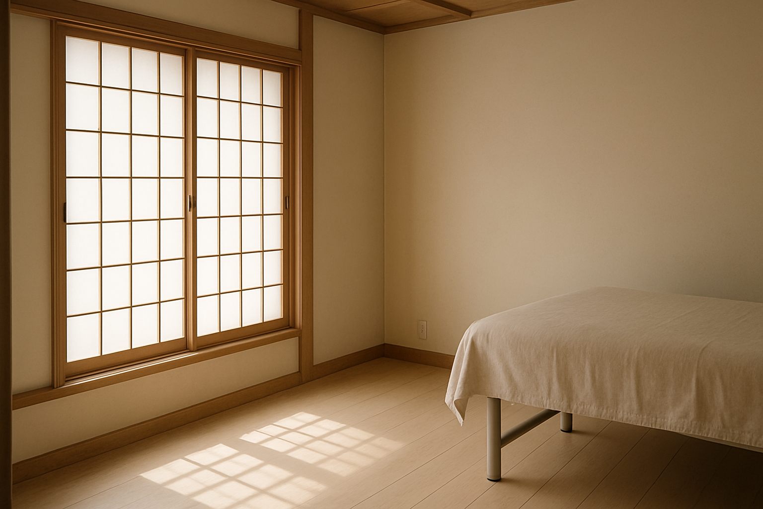 窓格子の影が床に伸びる施術室の全景