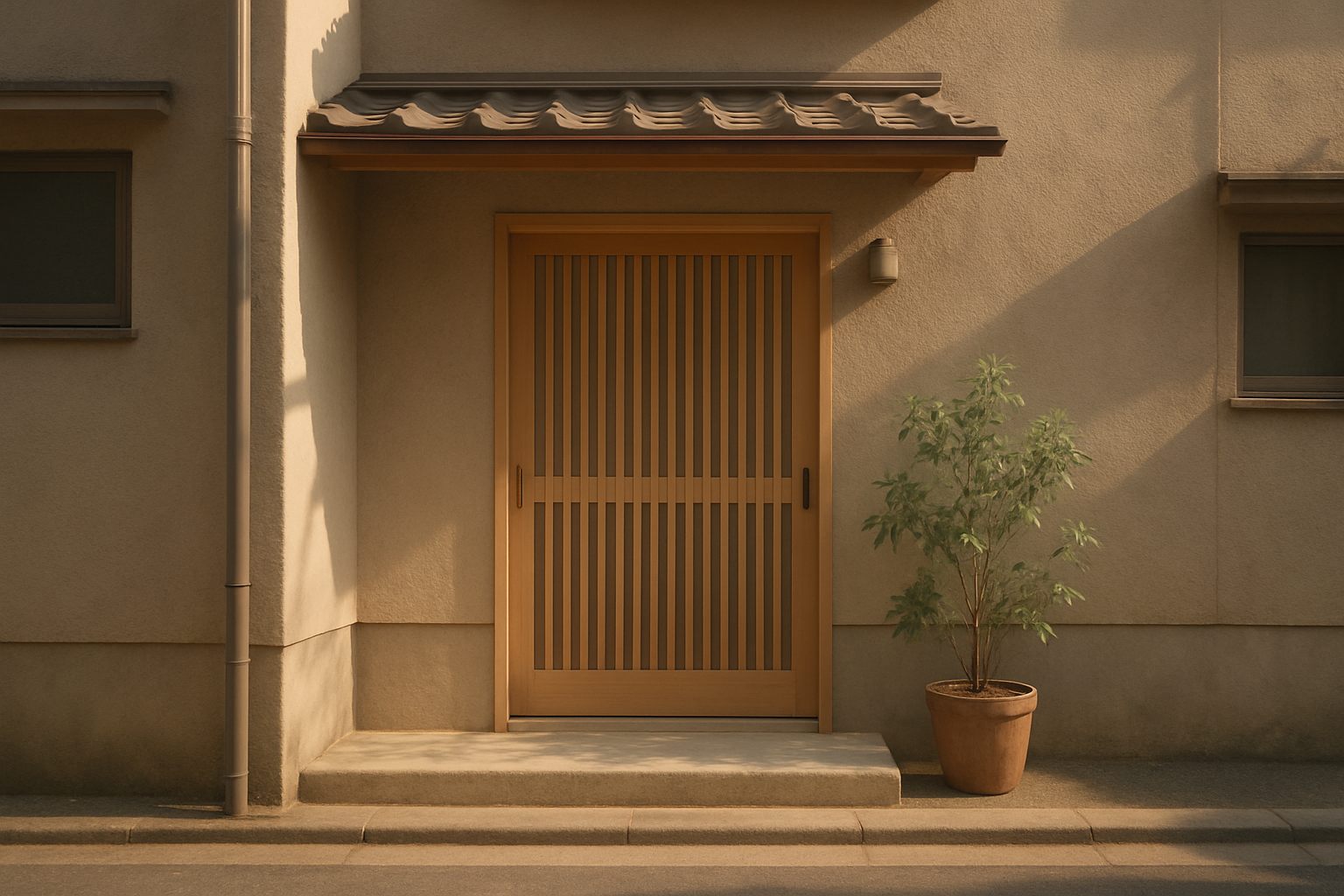 建物の玄関先の引き戸と鉢植え
